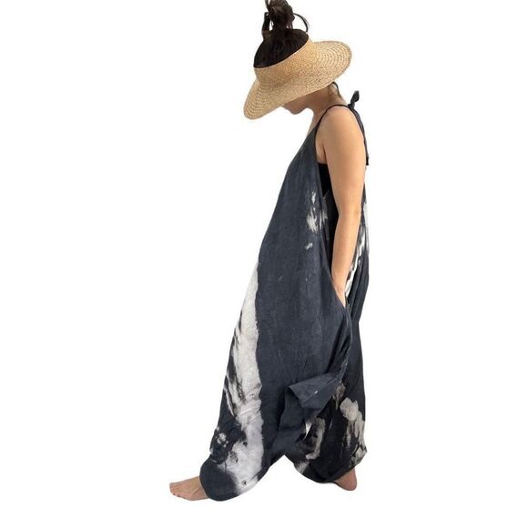 Pōʻalima Charcoal Gray Ivory Tropical Boho Wide Leg Beach Romper - Picture 5 of 16
